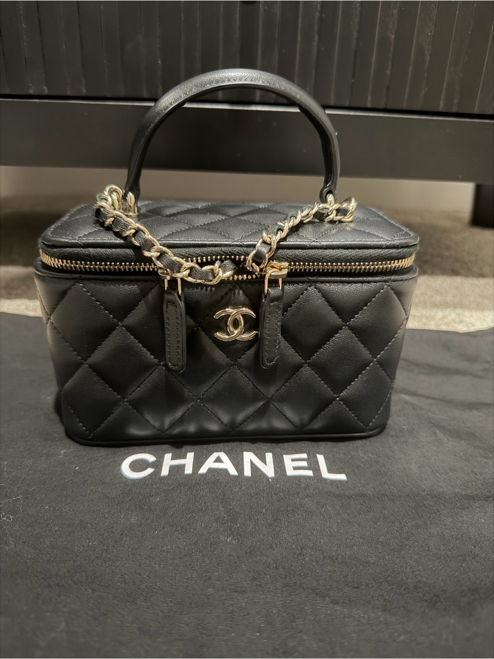 AUTHENTIC CHANEL Black Quilted Vanity Mini Top Handle Bag with Gold Hardware
